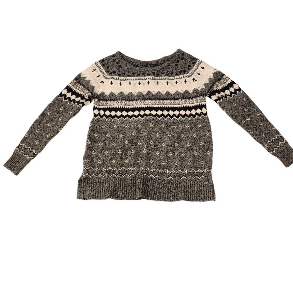 Womens American Eagle Fair Isle Sweater Gray Black White Nordic Pattern Small‎